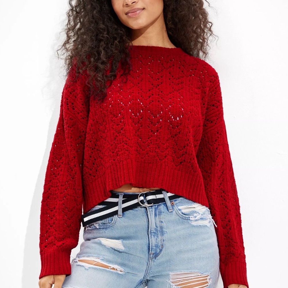 American Eagle Womens Cropped Sweater Small Red Pointelle Knit Crewneck Pullover